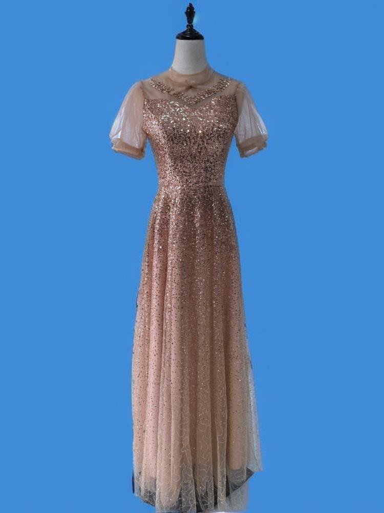 上品！ファッション チャンパン 半袖 キラキラ カラードレス エレガント ワンショット 花嫁 婚約 联谊会 合コンD87