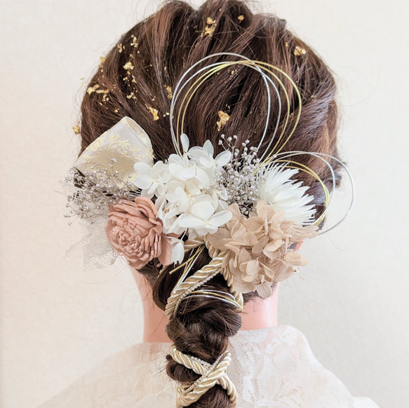 ベージュピンク髪飾り ミルキィ　ドライフラワー　ヘッドドレス　髪飾り　成人式　ウェディング　水引　卒業式 3枚目の画像