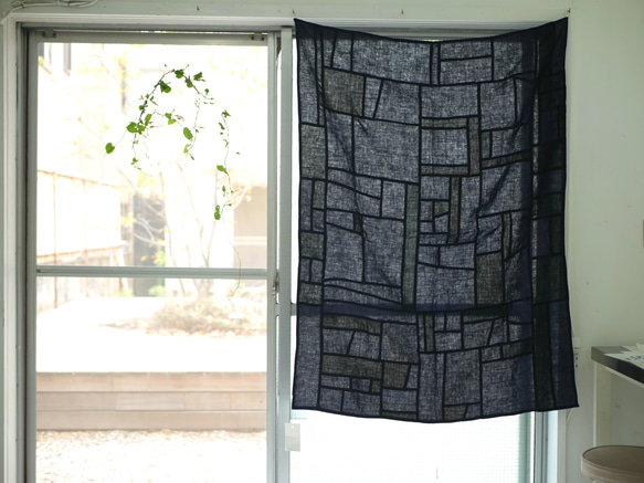 永遠の布 100%リネン ポジャギ 黒×紺 LINEN POJAGI CURTAIN 88×120cm