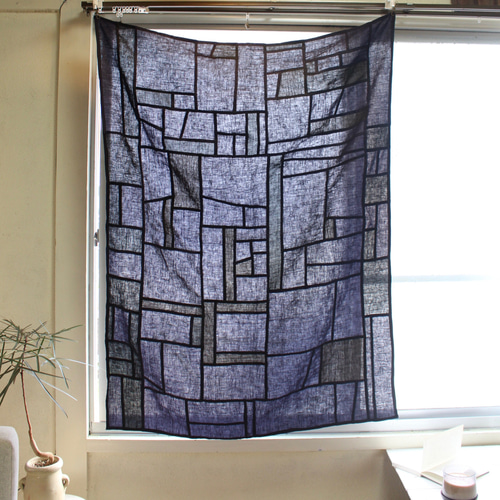 リネン　ポジャギ　工房蟻 永遠の布 100%リネン ポジャギ 黒×紺 LINEN POJAGI CURTAIN 88×120cm