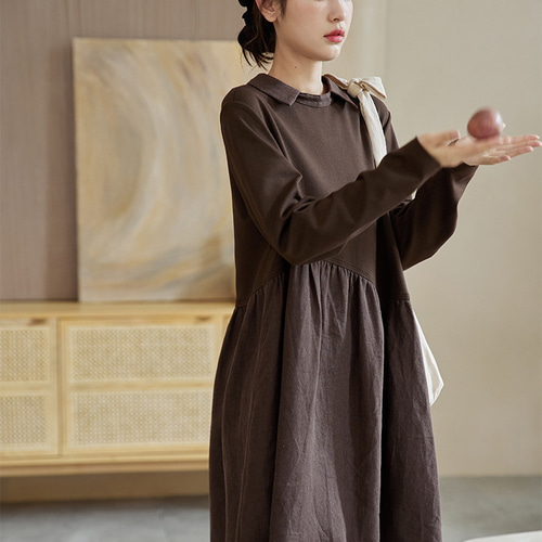 2色 アシンメトリー切替ワンピース ゆったりめ ポケット付き【春秋冬