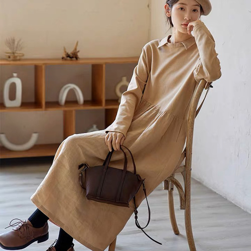 2色 アシンメトリー切替ワンピース ゆったりめ ポケット付き【春秋冬