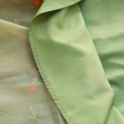 レトロなオーガンジー刺繡生地　とくるみボタンのロングワンピース　ウエストリボン【春秋】若草色 11枚目の画像