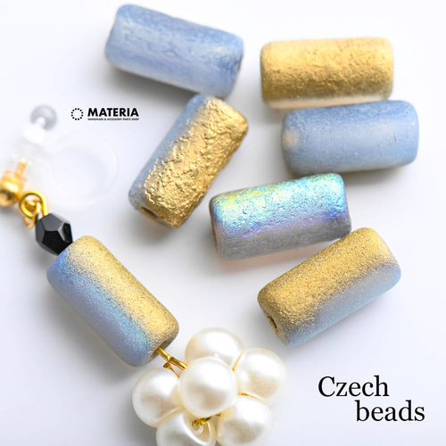 チェコガラスビーズ チューブ ホワイト＆シルバー 2個 チェコ