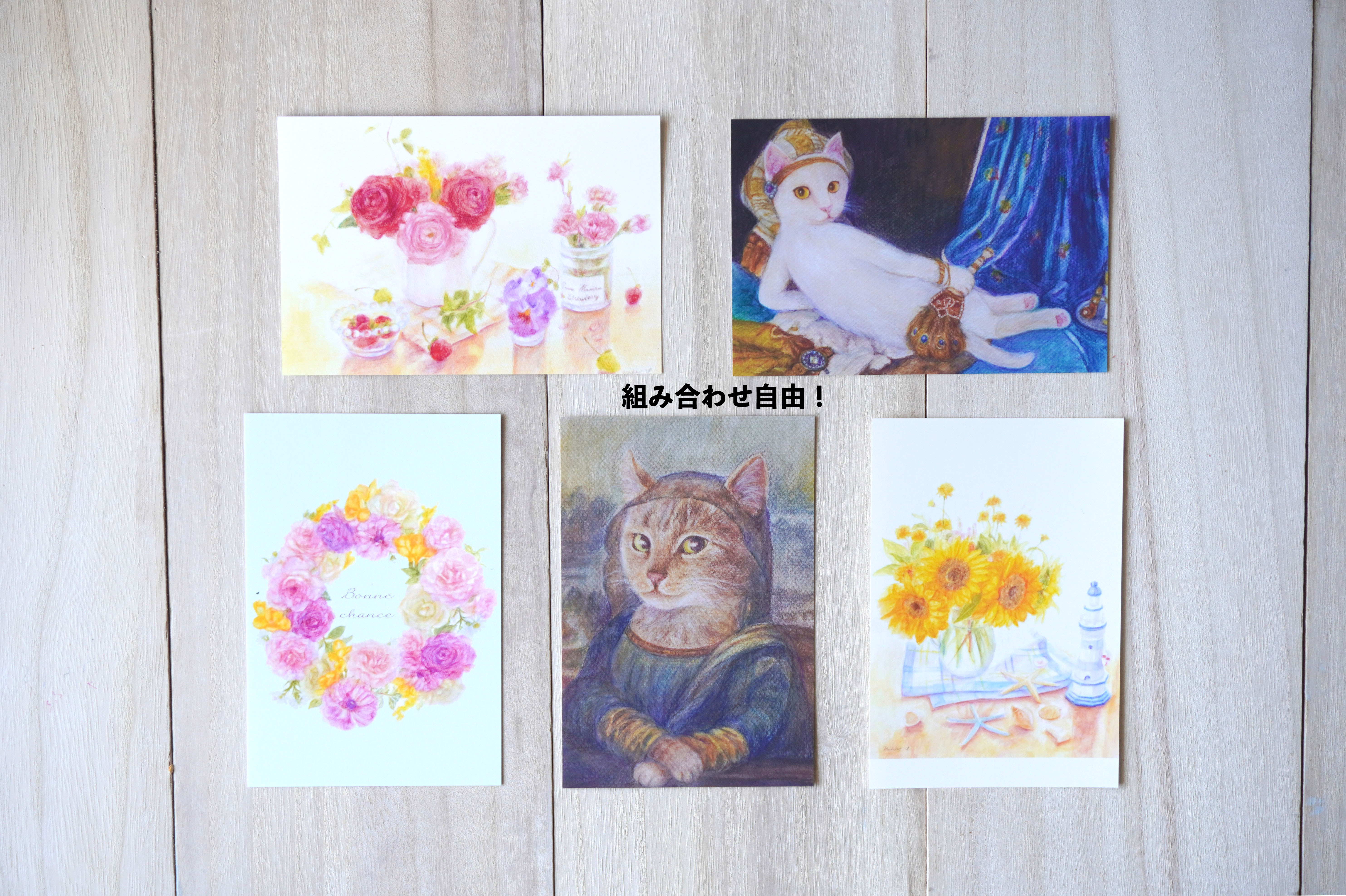 額付きシルクスクリーン応用絵画　title「みんな待ってる花猫ニャンコ」