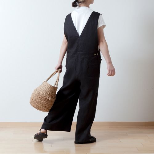 大人のカシュクールサロペットワイドパンツ-リネン/ブラック