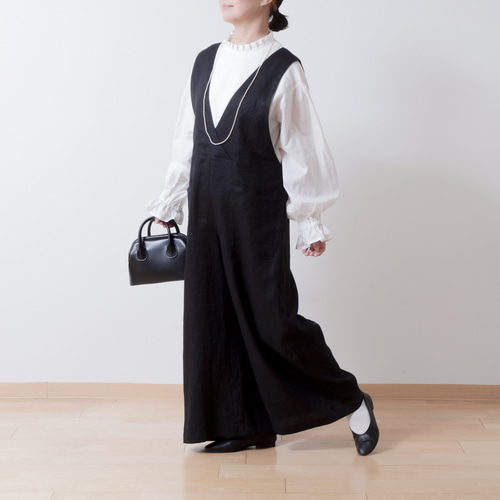 大人のカシュクールサロペットワイドパンツ-リネン/ブラック