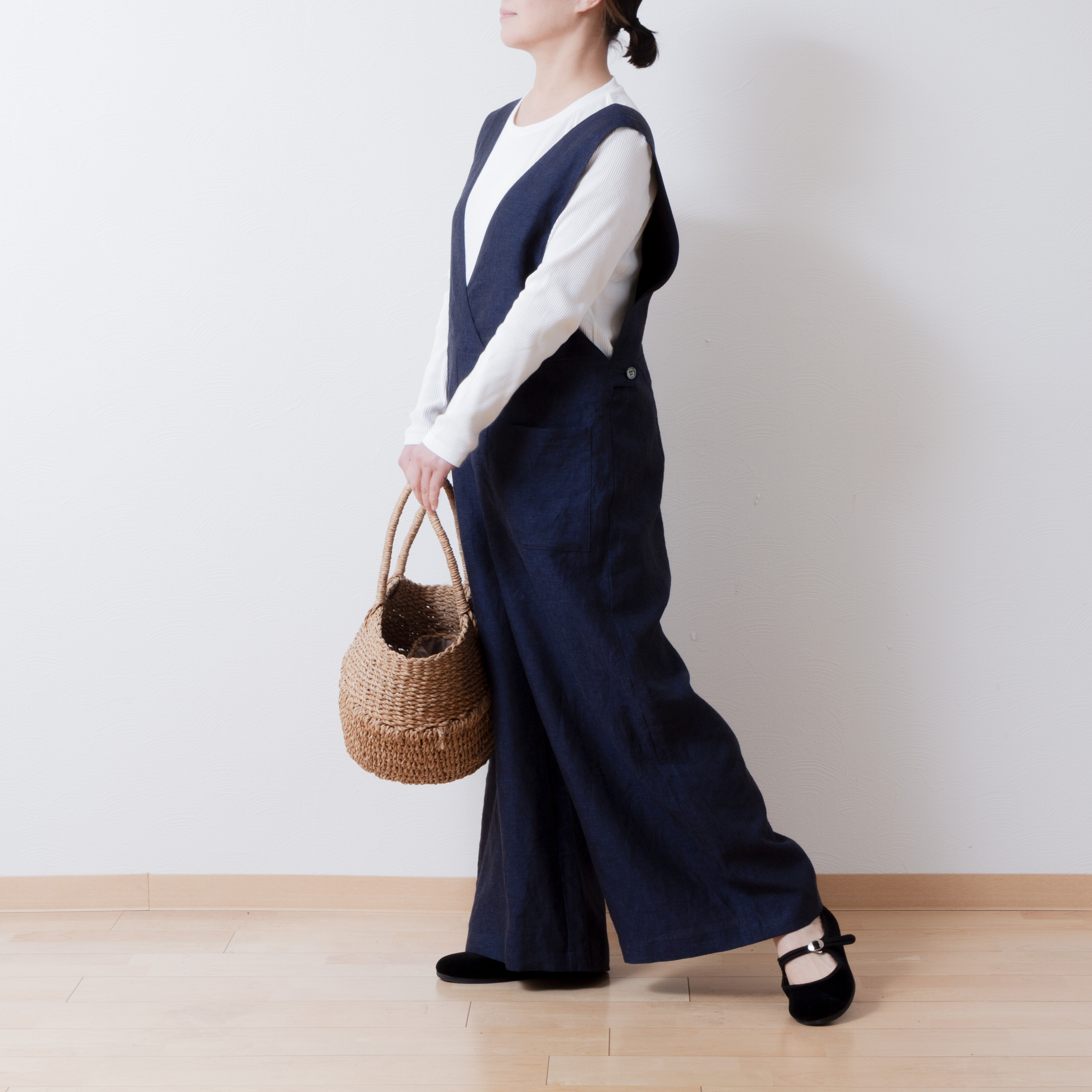 大人のカシュクールサロペットワイドパンツ-リネン/ネイビーシャンブレー