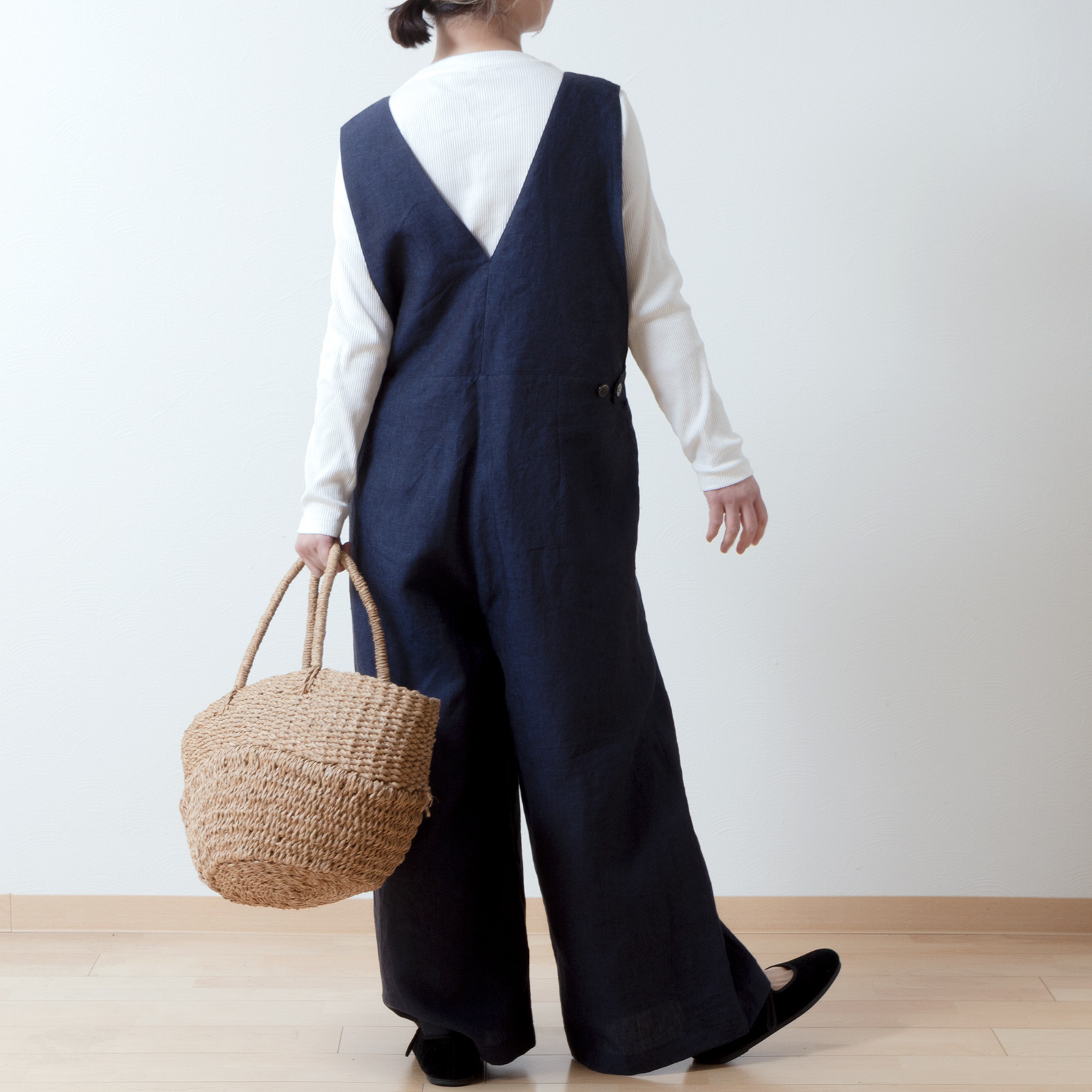 大人のカシュクールサロペットワイドパンツ-リネン/ネイビーシャンブレー