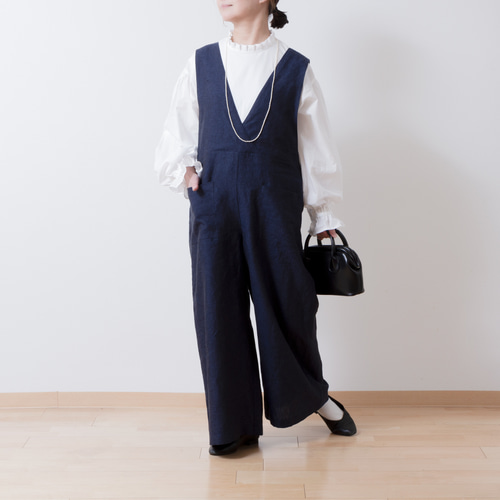 大人のカシュクールサロペットワイドパンツ-リネン/ネイビー
