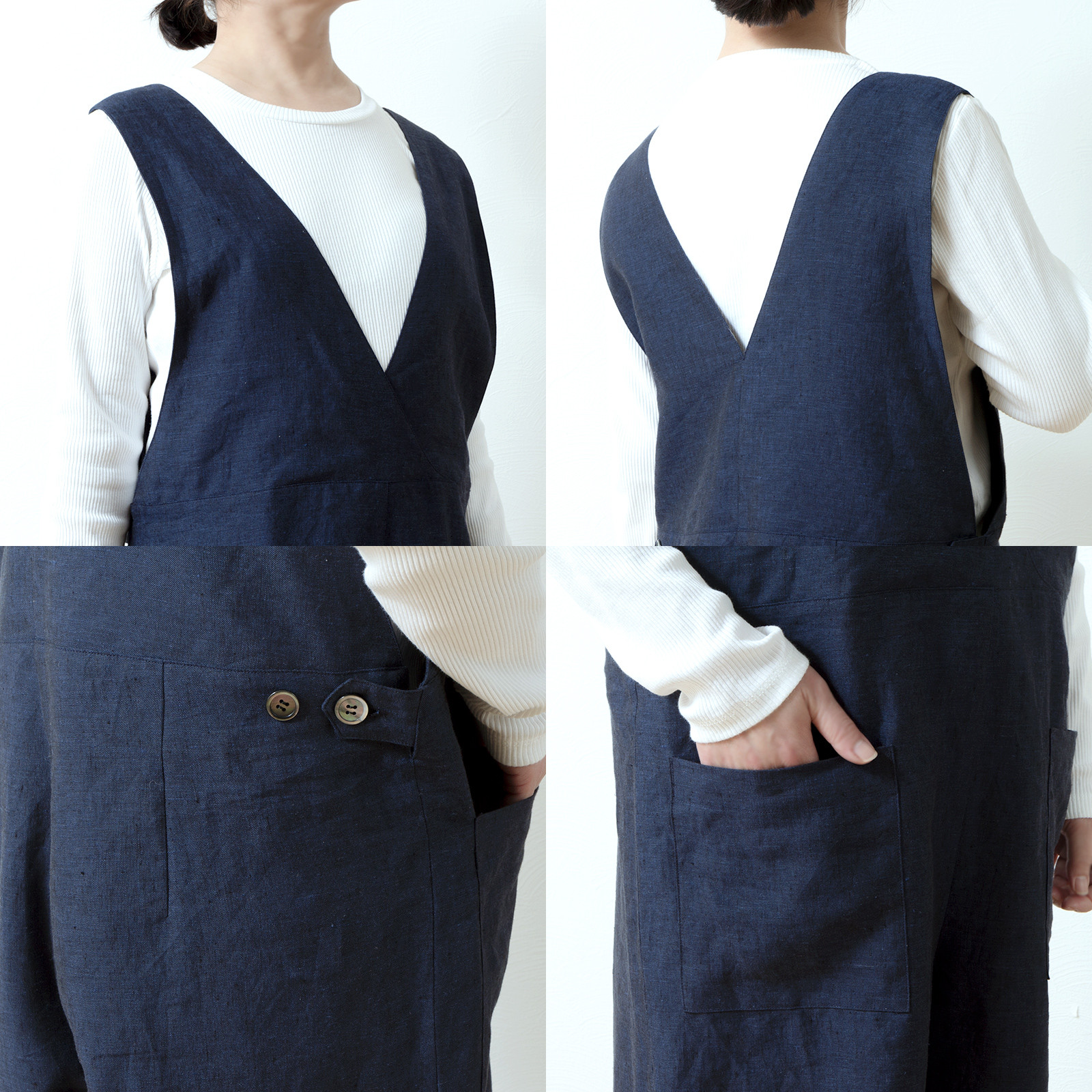 大人のカシュクールサロペットワイドパンツ-リネン/ネイビーシャンブレー