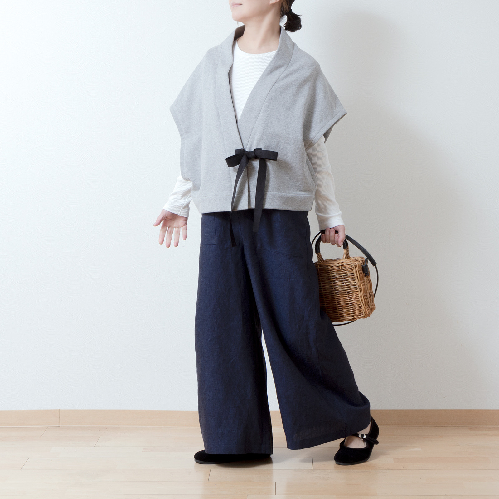 大人のカシュクールサロペットワイドパンツ-リネン/ネイビーシャンブレー