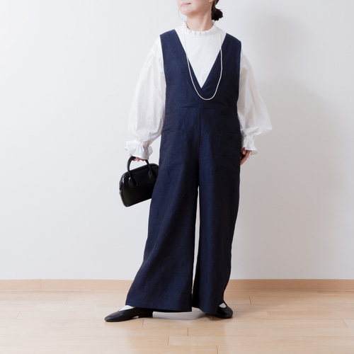 大人のカシュクールサロペットワイドパンツ-リネン/ネイビー