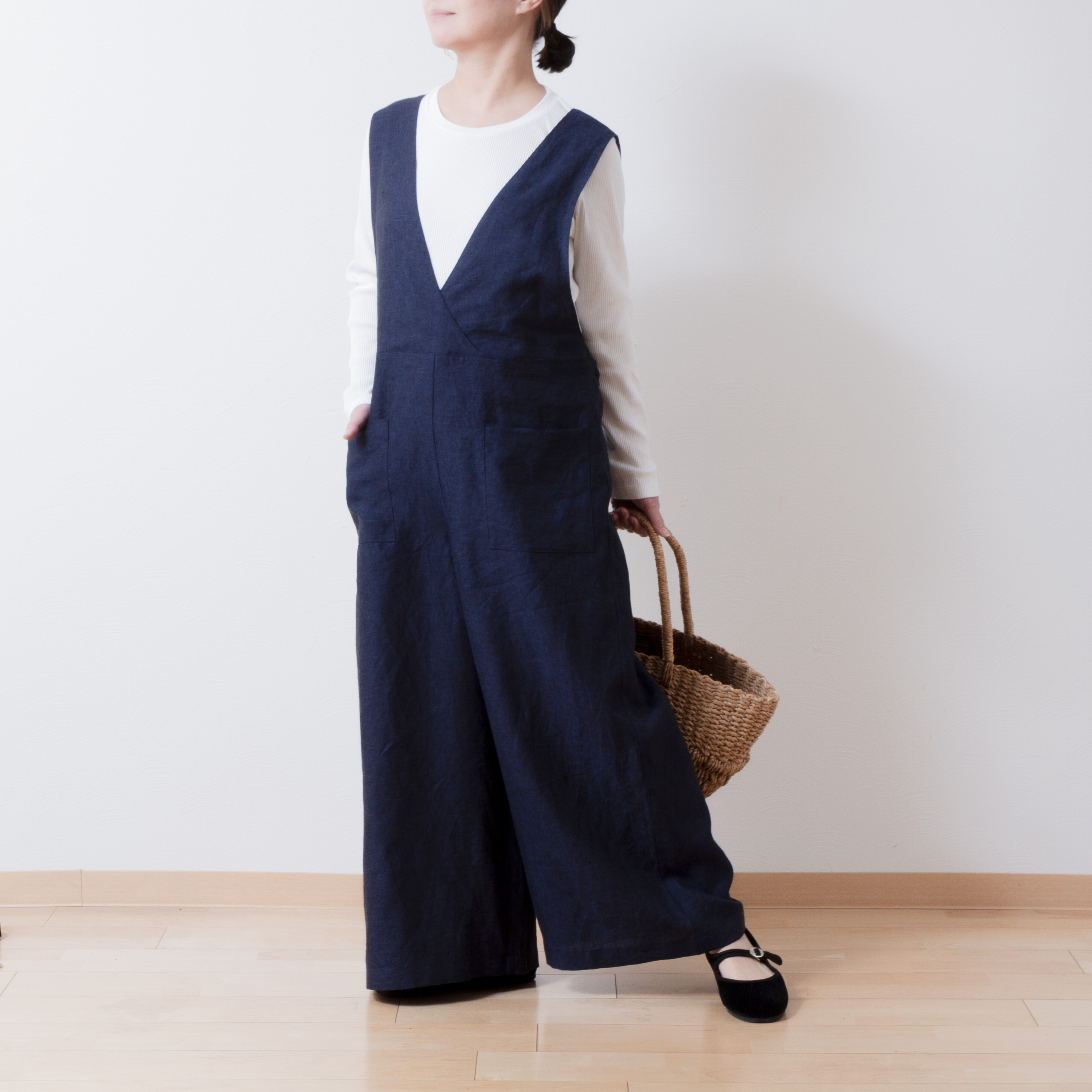 大人のカシュクールサロペットワイドパンツ-リネン/ネイビーシャンブレー