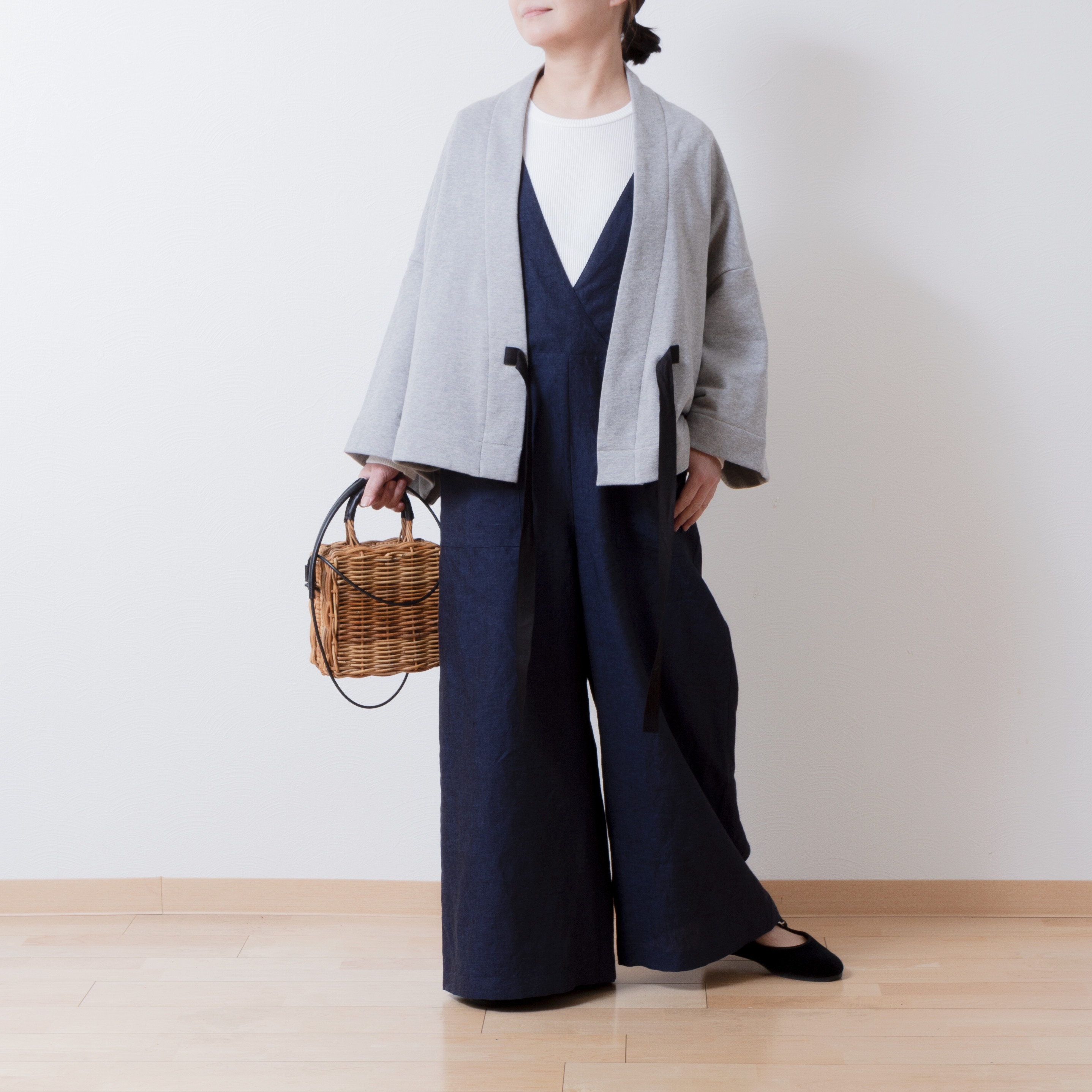 大人のカシュクールサロペットワイドパンツ-リネン/ネイビーシャンブレー