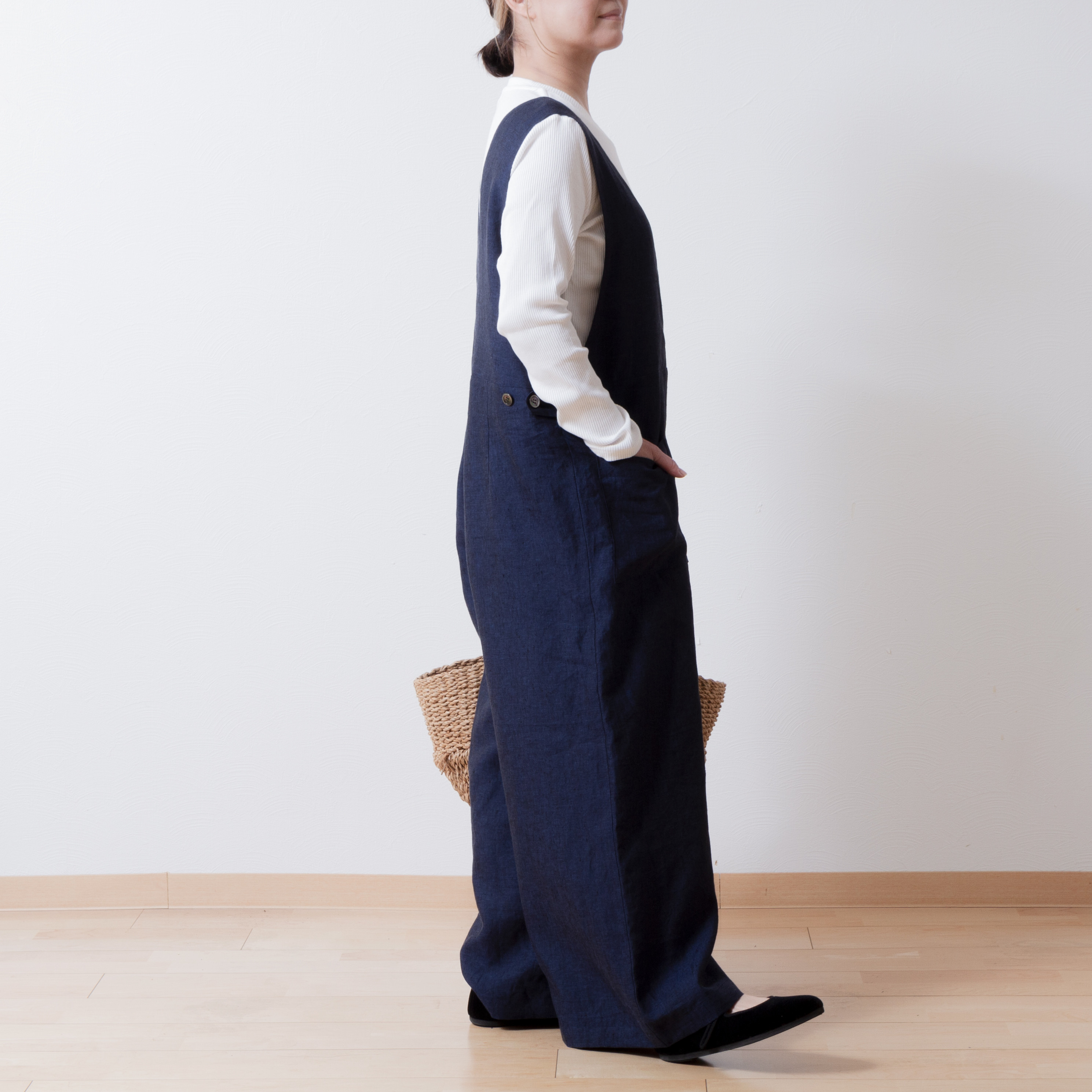 大人のカシュクールサロペットワイドパンツ-リネン/ネイビーシャンブレー