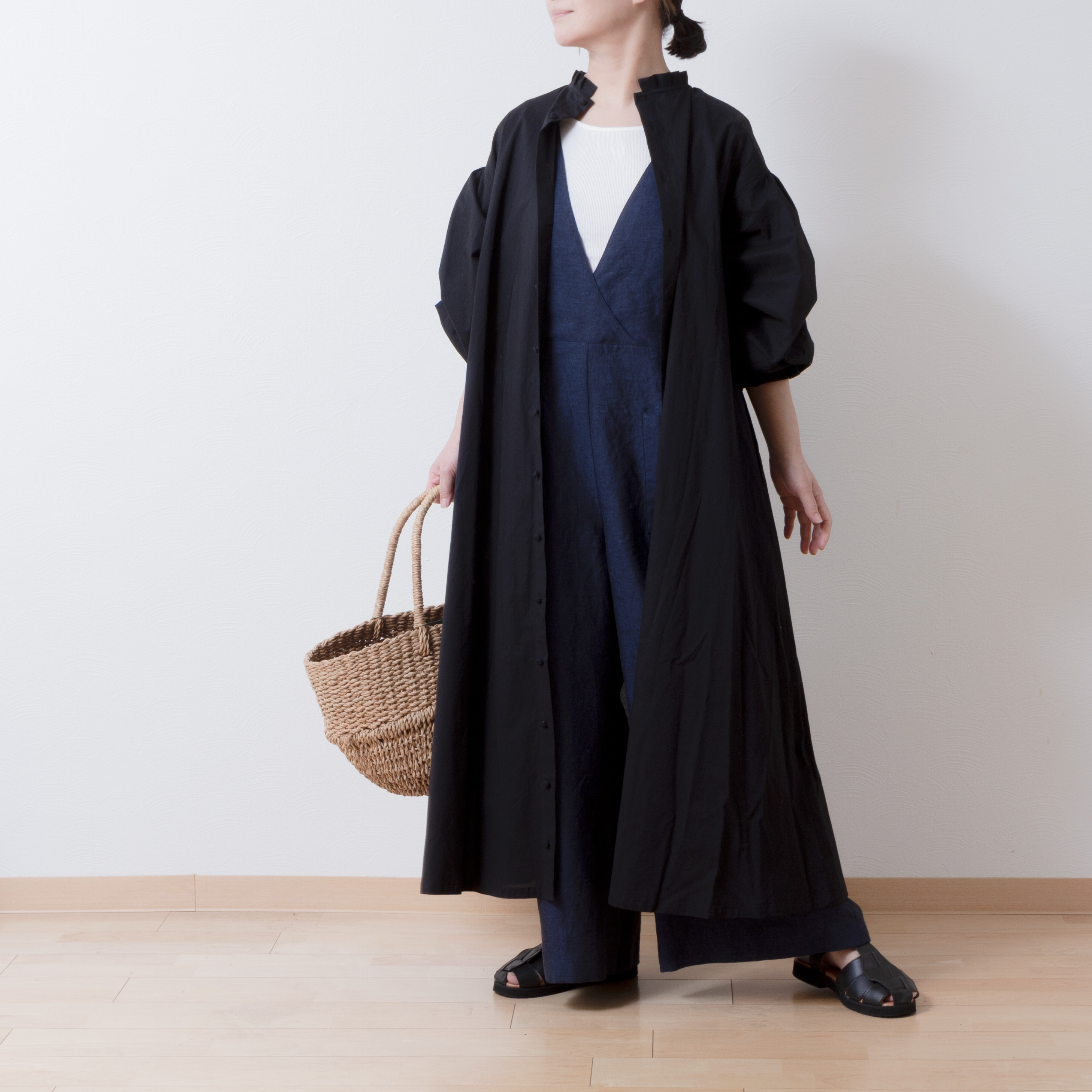 大人のカシュクールサロペットワイドパンツ-リネン/ネイビーシャンブレー