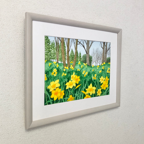 黄色い水仙と木立」透明水彩画 原画 風景画 額縁付 F4サイズ 黄色い水仙と木立」透明水彩画 原画 風景画 額縁付 F4サイズ