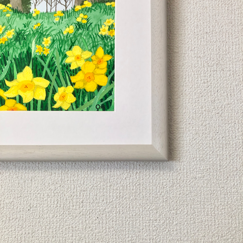 黄色い水仙と木立」透明水彩画 原画 風景画 額縁付 F4サイズ 黄色い水仙と木立」透明水彩画 原画 風景画 額縁付 F4サイズ