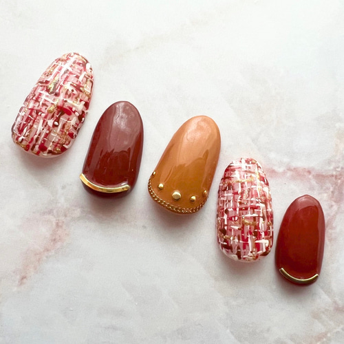 ボルドー×キャメルカラーのツイードネイル ネイルチップ（つけ爪