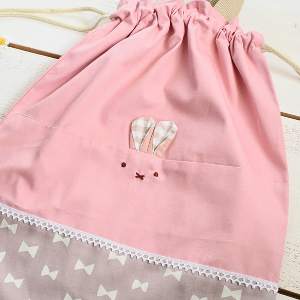 受注制作＜サイズ、ナップサック変更可＞うさぎちゃん体操服入れ（ピンク×シンプルリボン柄）巾着　女の子 3枚目の画像