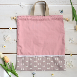 受注制作＜サイズ、ナップサック変更可＞うさぎちゃん体操服入れ（ピンク×シンプルリボン柄）巾着　女の子 6枚目の画像