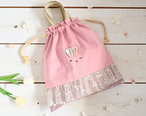 ナップサック 体操服入れ お着替え袋  ピンクしましまりぼん柄×ピンク ヌビ リボン 韓国 ナップサック お着替え袋 体操服入れ くすみ