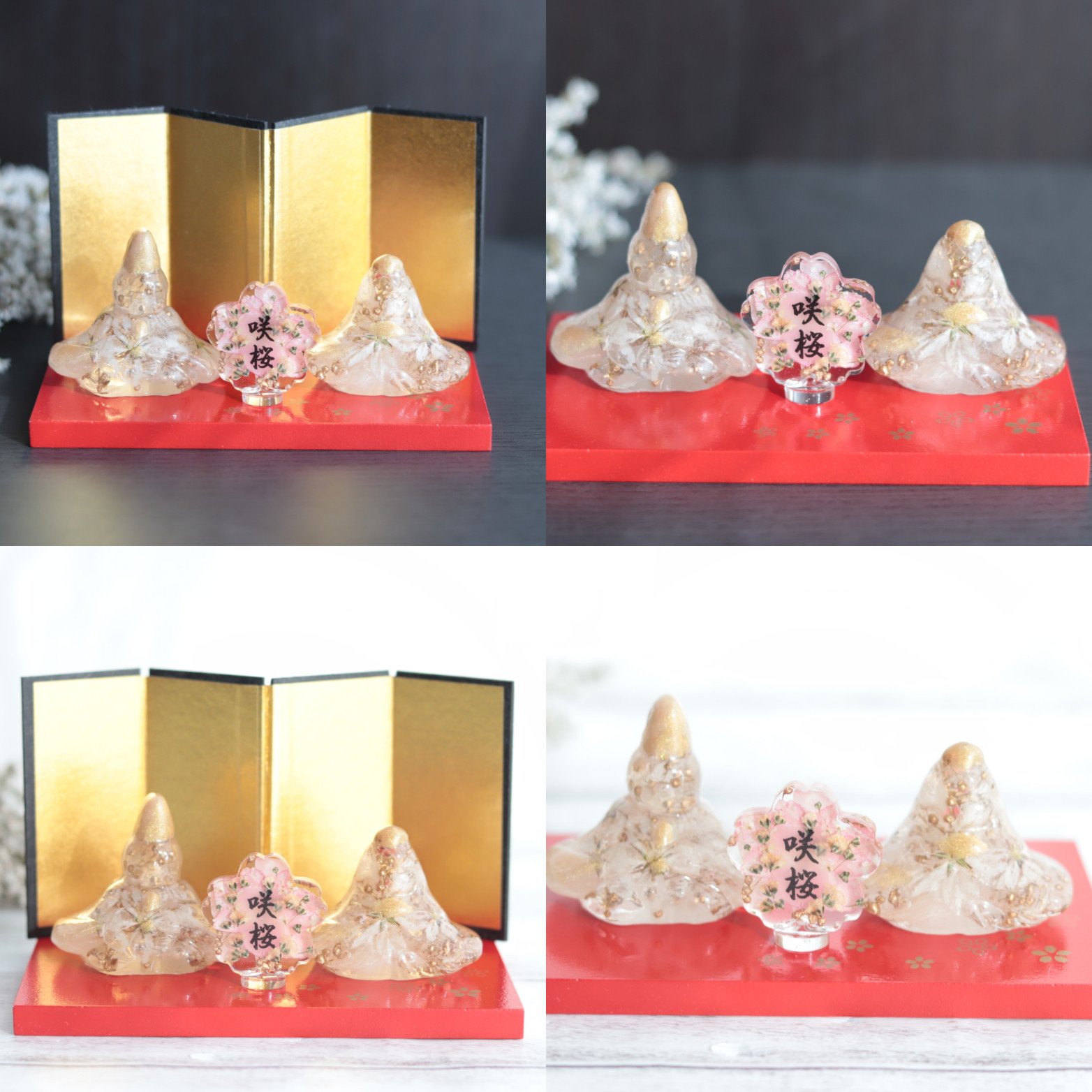 【creema限定・受注製作品】「小花を閉じこめて」固まるハーバリウム“桜”ひな人形”+お名前プレート