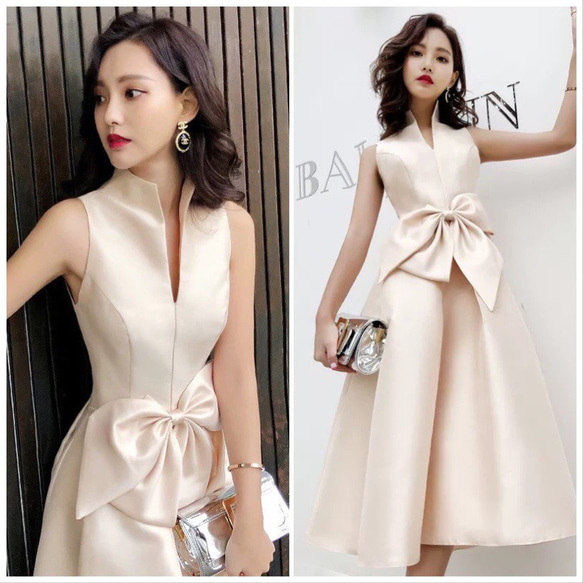 ホワイト Vネックドレス リボン付き ホワイト Vネックドレス リボン付き