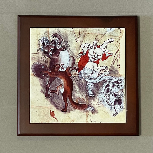 河鍋暁斎　猫又と狸　フォトタイル木製フレーム付き 1枚目の画像