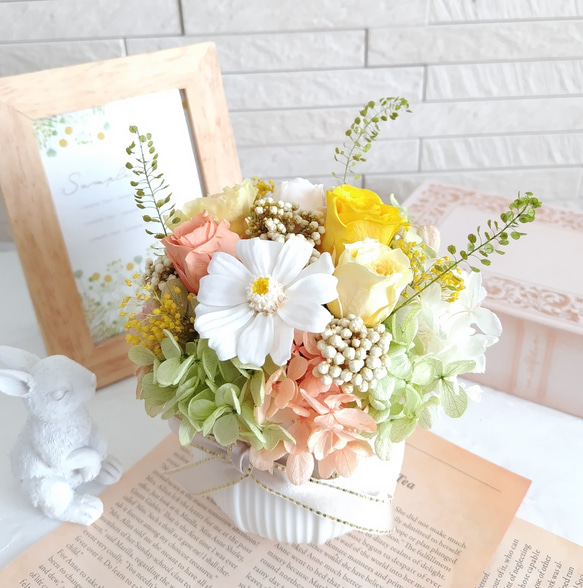 D*i様 【超！お得】プリザーブドフラワー アレンジメント 花材 花器セット プリザーブドフラワー陶器アレンジメント✨ イエローオレンジ