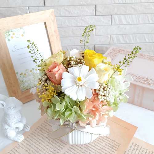 プリザーブドフラワー陶器アレンジメント✨ イエローオレンジグリーン