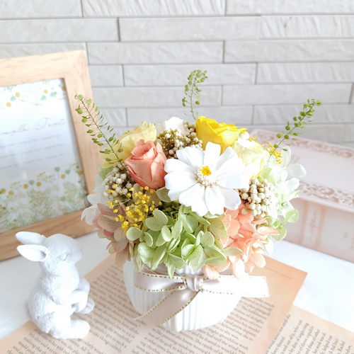 プリザーブドフラワー陶器アレンジメント✨ イエローオレンジグリーン