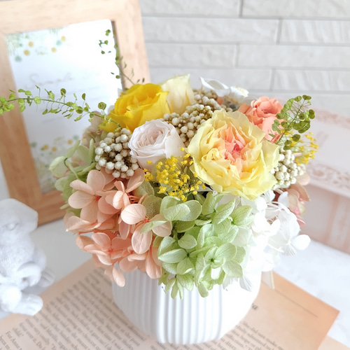 プリザーブドフラワー陶器アレンジメント✨ イエローオレンジグリーン