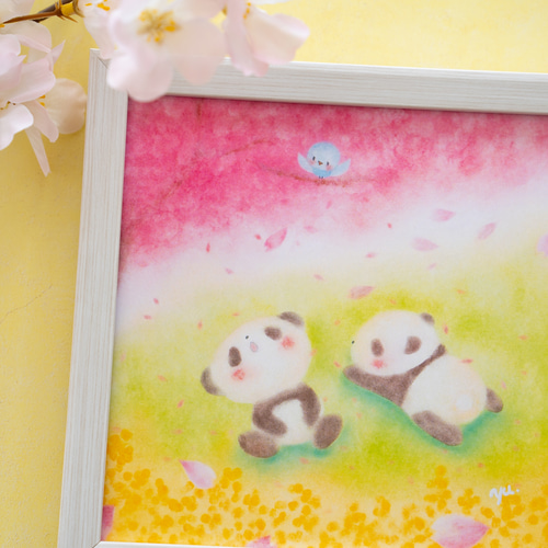 超熱 青い鳥 パステルアート 複製画】「お花見パンダ」 桜 春 花 絵画