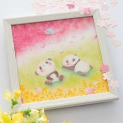 【複製画】「お花見パンダ」　パステルアート　動物　小鳥　桜　菜の花　花　春　かわいい　イラスト 3枚目の画像