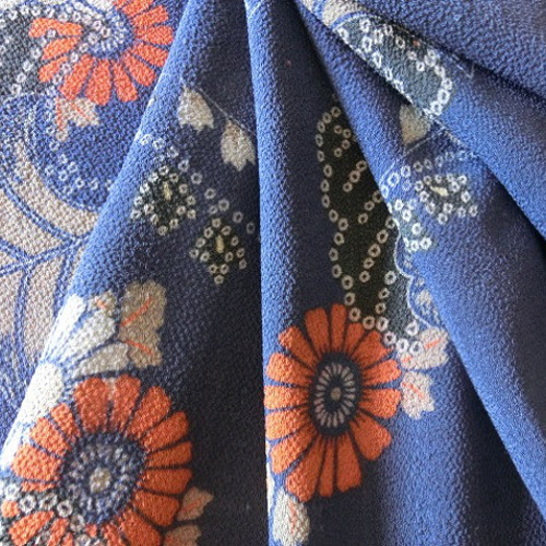古布＊正絹江戸縮緬・山繭＊菊＊33x95cm＊はぎれ