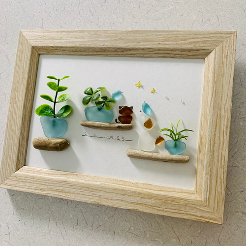 シーグラスアート 猫ちゃんシルエット 仲良しワンちゃんと小鳥