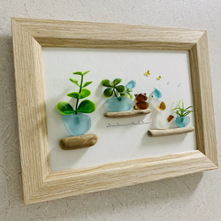 特別価格！　のーんびり　。　シーグラスアート シーグラスアート 猫ちゃんシルエット 仲良しワンちゃんと小鳥