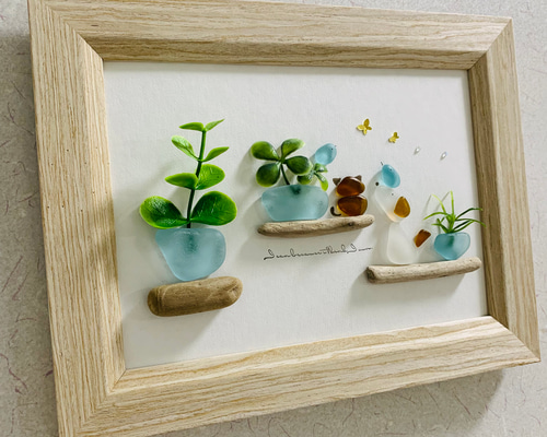 シーグラスアート 猫ちゃんシルエット 仲良しワンちゃんと小鳥