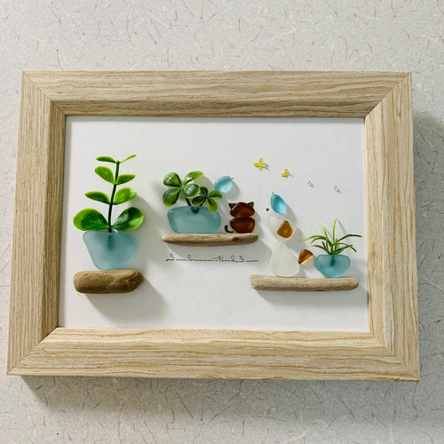 シーグラスアート 猫ちゃんシルエット 仲良しワンちゃんと小鳥