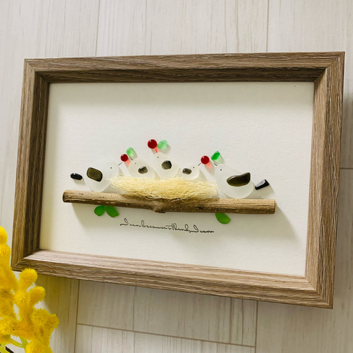 シマエナガ 子育て 小鳥の家族 シーグラス アート 海の宝石 ガラス細工