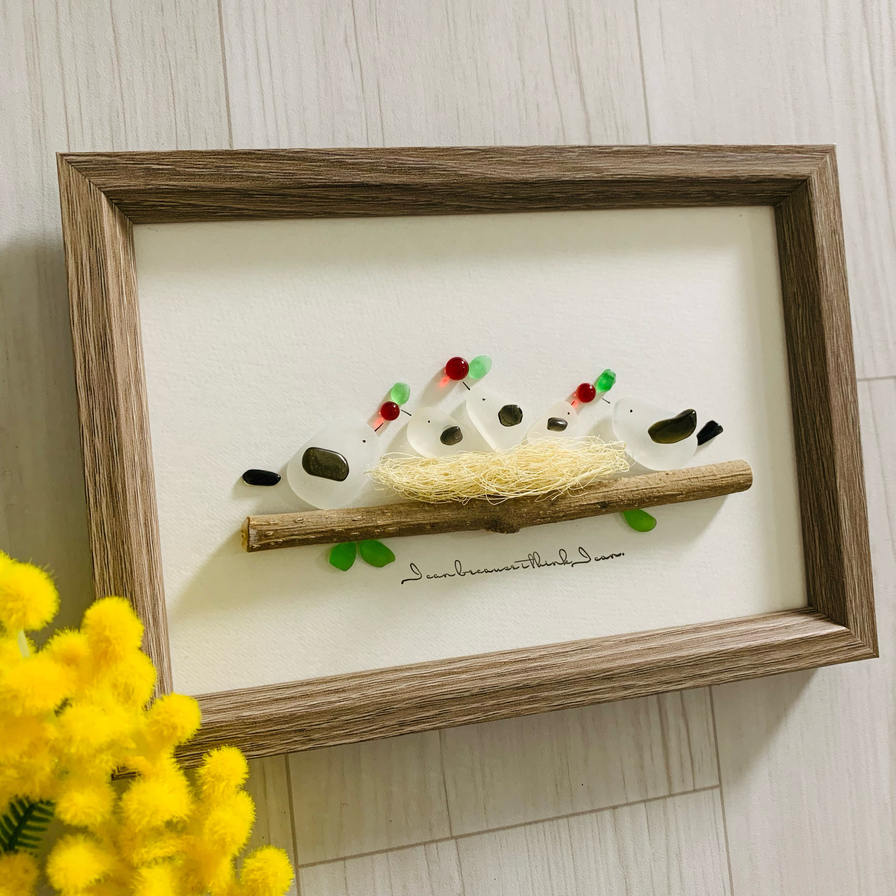 シマエナガ 子育て 小鳥の家族 シーグラス アート 海の宝石 ガラス細工 観葉植物 贈り物 プレゼント リビング 玄関