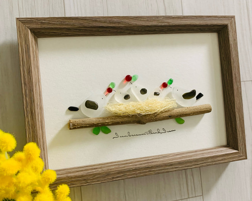 シマエナガ 子育て 小鳥の家族 シーグラス アート 海の宝石 ガラス細工