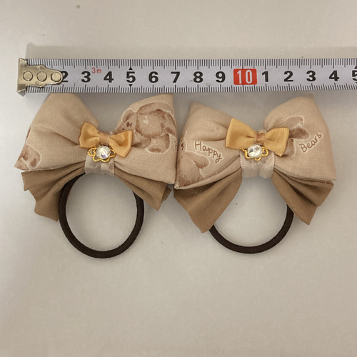 ヘアゴム ベアー くま ダブルリボン ビジュー付き ハンドメイド