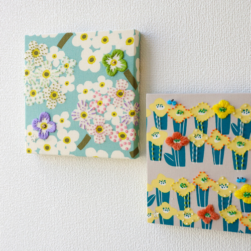 アンティークフランス ４層のぷっくり花刺繍イエロー&ペールブルー リネンドイリー アンティークフランス 4層のぷっくり花刺繍イエロー&ペールブルー