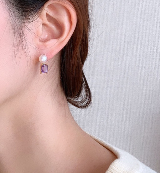 2WAYアメジスト&パールピアス　アレルギー対応