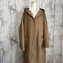 秋冬上質なめらかベージュリバーシブルニットウール混フード付きロング