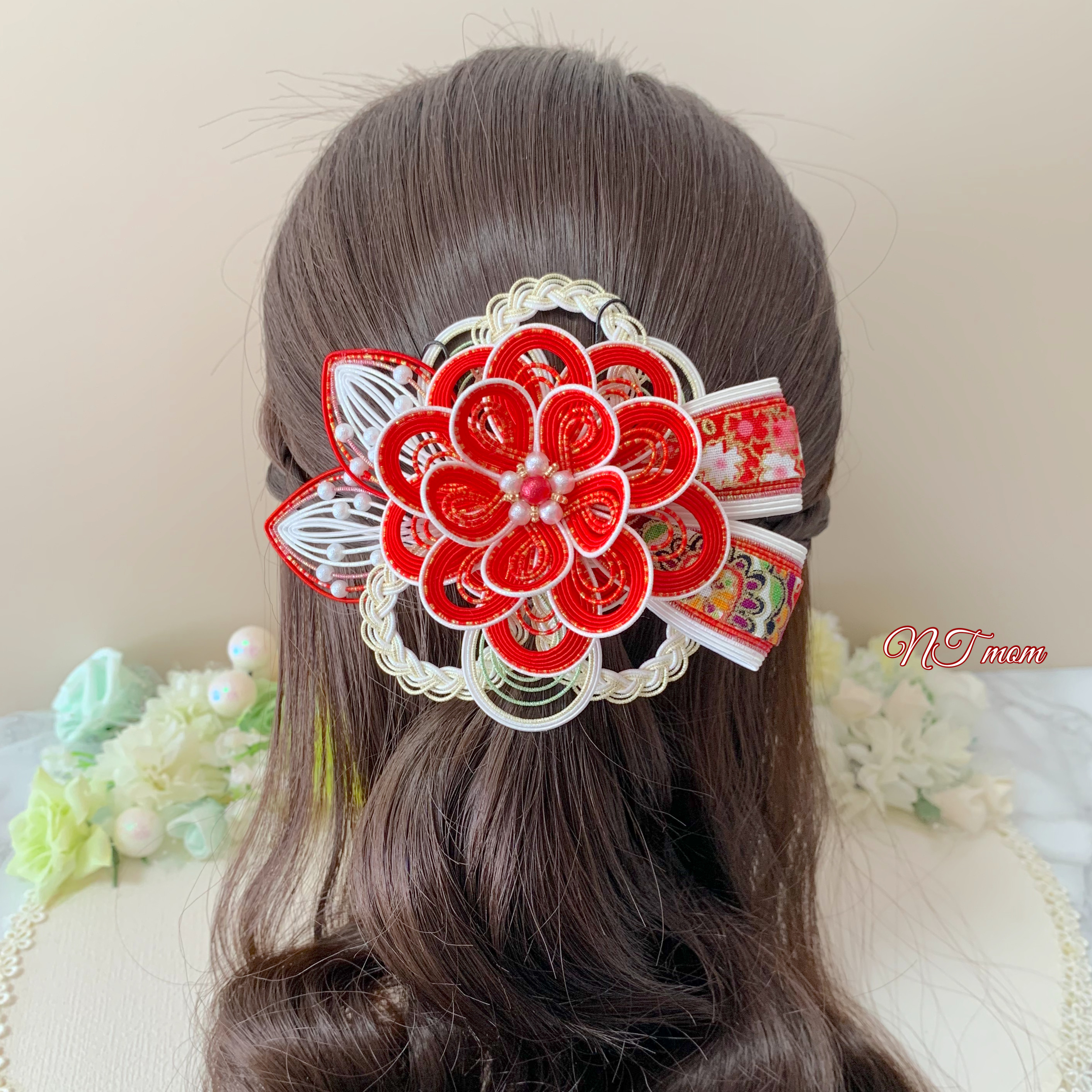 成人式卒業式結婚式・和装水引髪飾り・華一輪・赤白