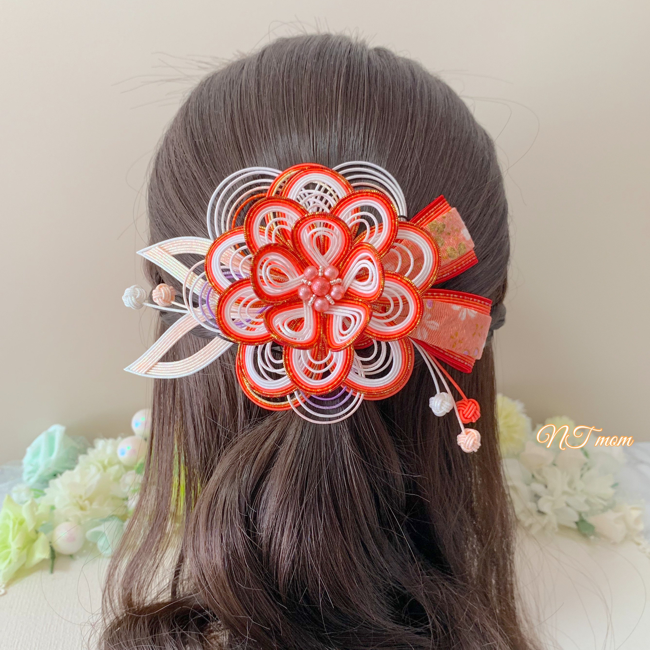 成人式卒業式結婚式・和装水引髪飾り・華一輪・オレンジ